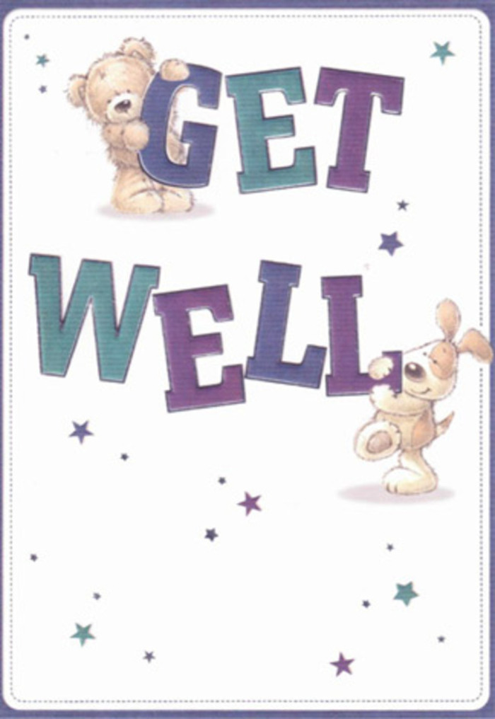 In this charming get well card, the theme of gentle encouragement comes alive, just as it does in a thoughtfully wrapped bouquet destined for a home near Chiswick House or along Grove Park. At center, a friendly bear and a floppy-eared puppy share a joyful moment: surrounded by softly glowing stars, they seem engaged in whispering well wishes skyward. The typography is exuberant and confident, shaded in easygoing purples and aquas that provide a cheerful counterpoint to the creamy background. The illustrated textures are striking-the bear's fur is delicately detailed, hinting at irresistible fluffiness, while the puppy's velvety ears draw the viewer in, evoking the comfort of a favourite childhood soft toy. The lively stars float and twinkle, their arrangement suggesting an atmosphere of hopefulness much like a sunrise along the Thames Path. The scene unfolds with a buoyant, airy mood, perfectly suited to lifting spirits on a grey West London day. As a florist from Chiswick, I can almost imagine this card arriving alongside a fresh floral arrangement, both crafted with the heartfelt intent of brightening a loved one's recovery. It's a radiant expression of care and positivity-timeless and universally comforting, yet imbued with the cheerfulness of our local community.
